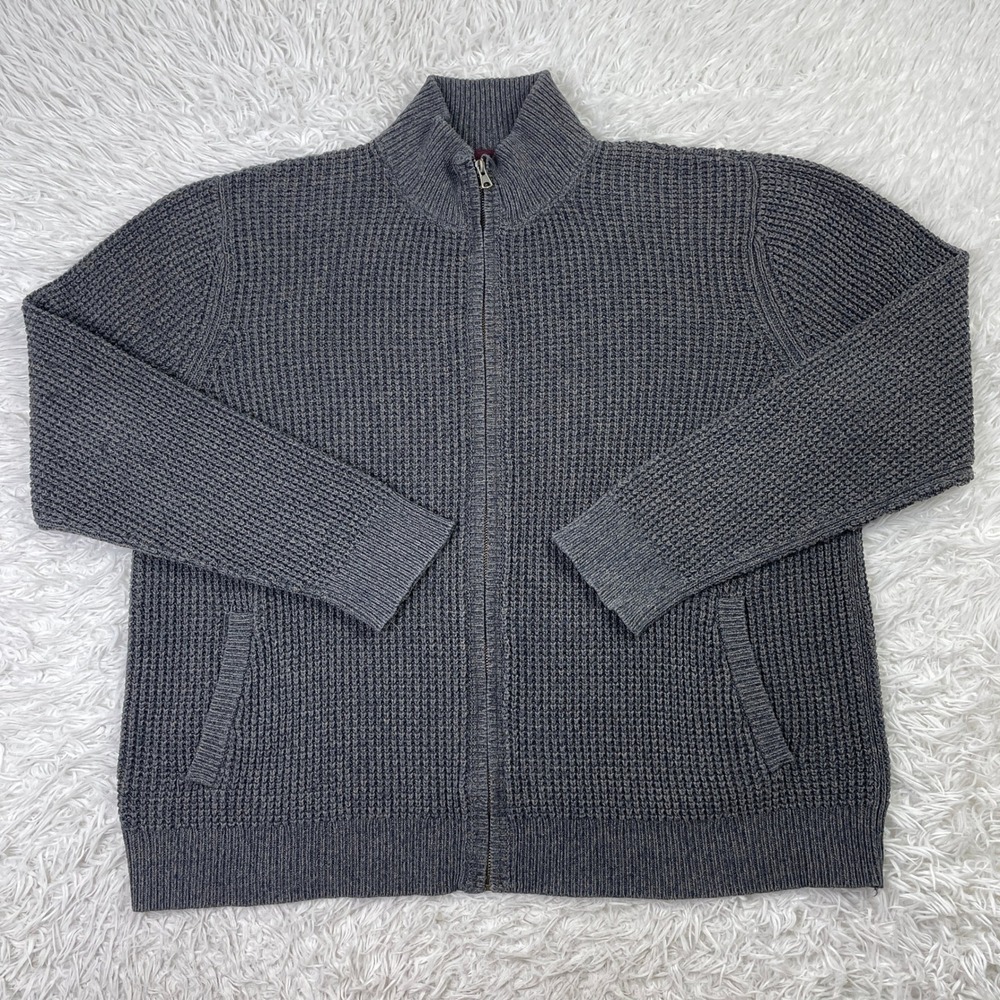 L.L. Bean Sweater Mens Extra‎ Large Heather Gray Organic Cotton Waffle Full Zip